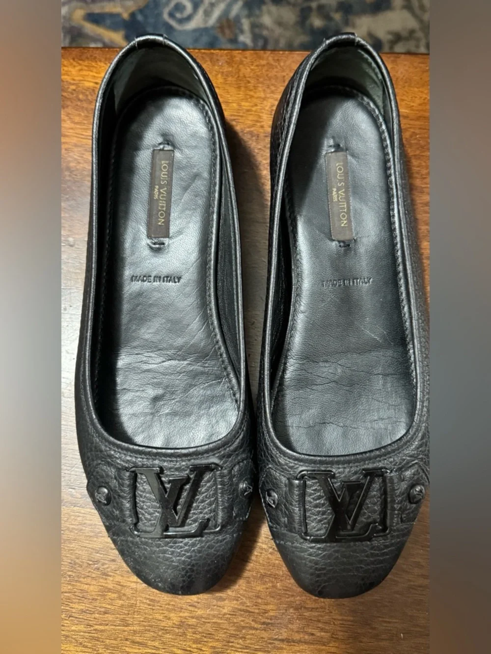 Louis Vuitton Black Leather LV Logo Ballet Flats - Picture 1 of 7